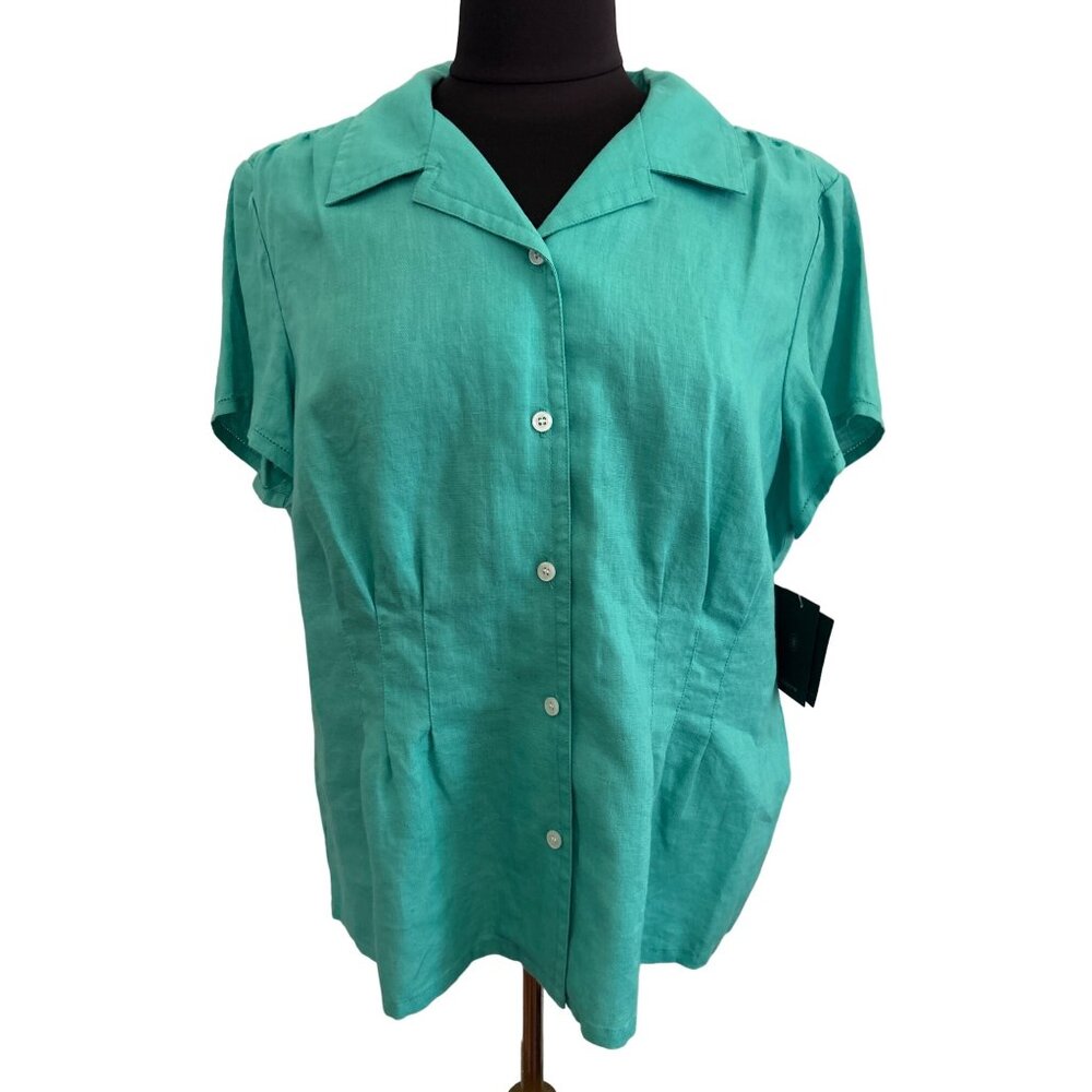 Liz Claiborne Womens 100% Linen Button-Up Short Sleeve Blouse Size 16